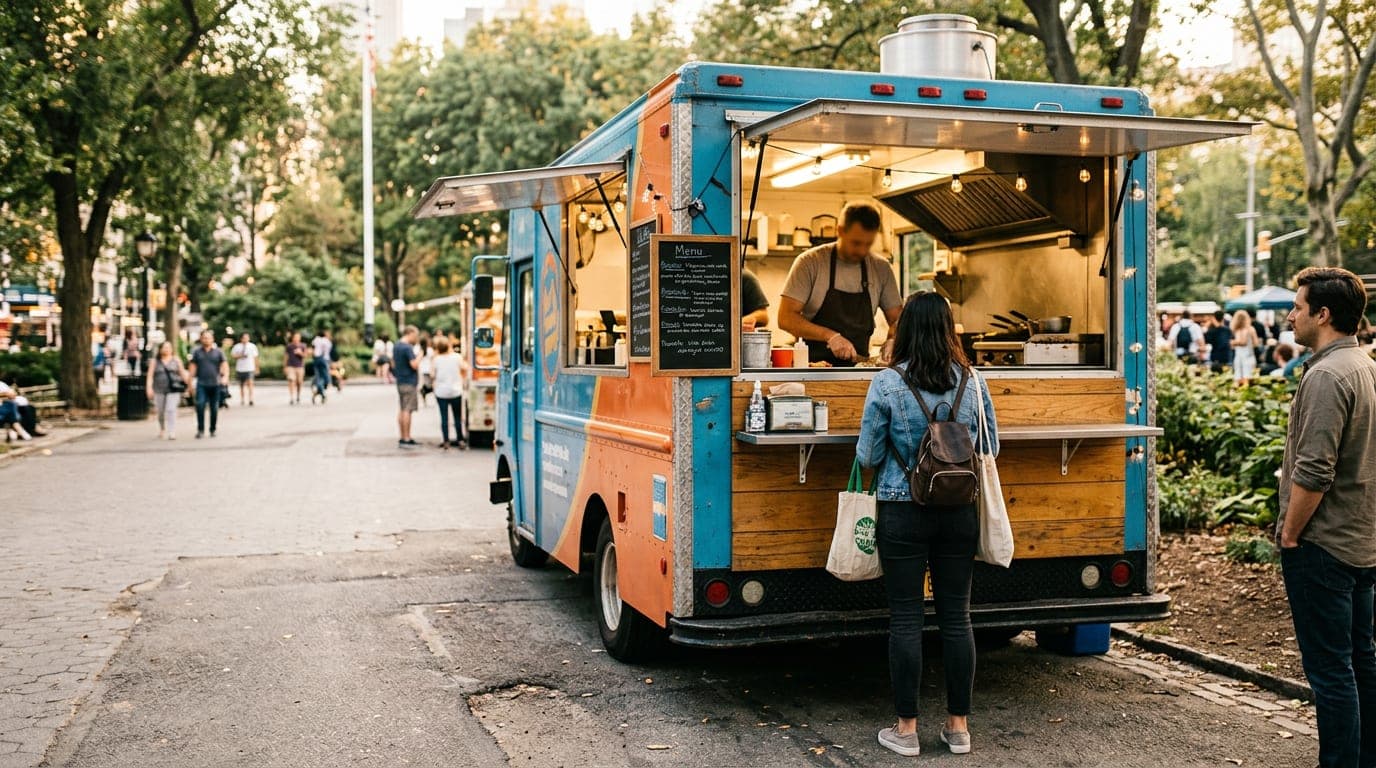 Rosa's Tacos food truck parked on a sunny street with the service window open