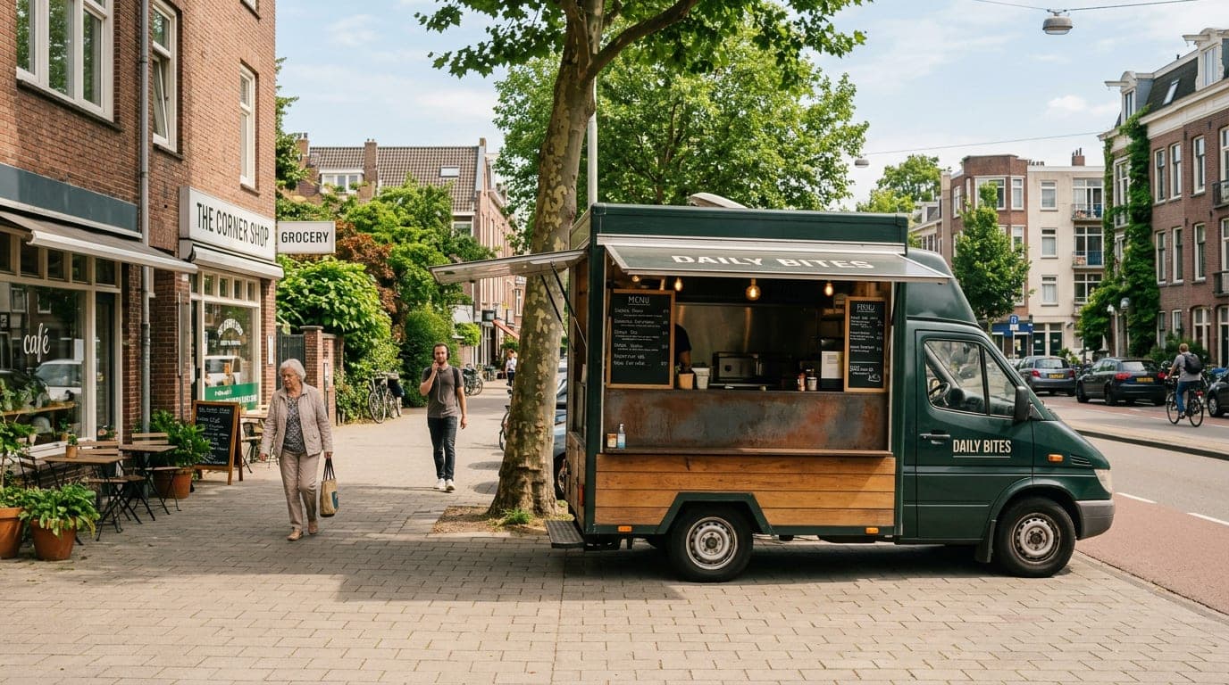 A taco truck parked on a street corner or lot during daytime, with surrounding urban or neighborhood context.